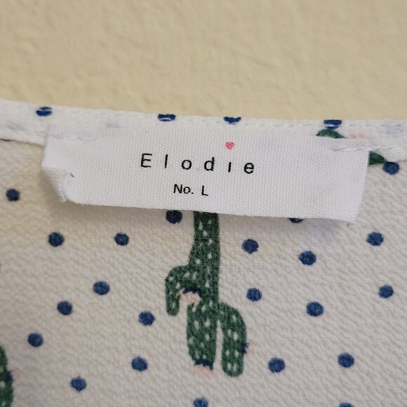 Elodie White Cropped Gathered Front Blue Polka Dot Cactus Pattern Top Size L - Picture 3 of 5